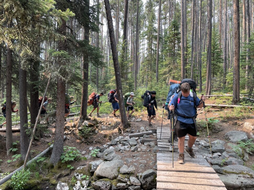 Group backpacking through forest over bridge