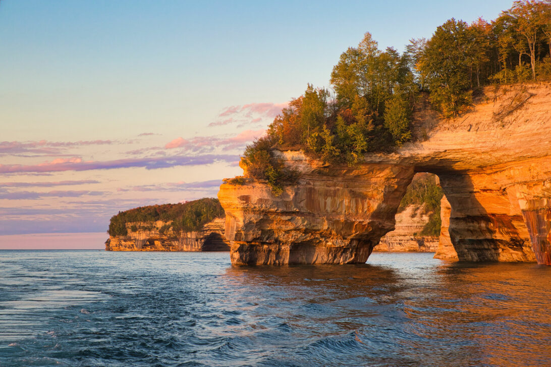 Sunset on the coast of Lake Superior at Pictured Rocks.